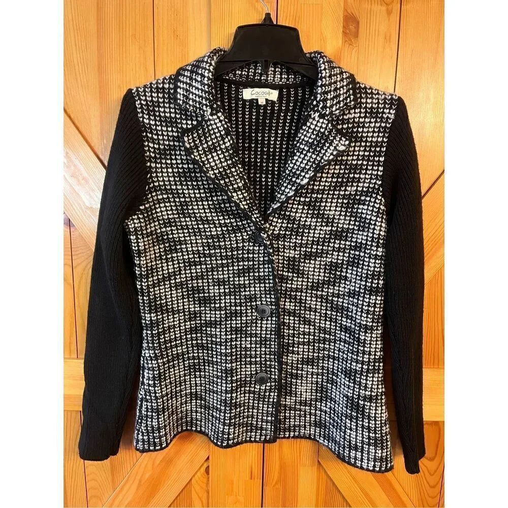 COCOGIO Black White Collared Button Up Wool Blend Blazer Cardigan Sweater Medium